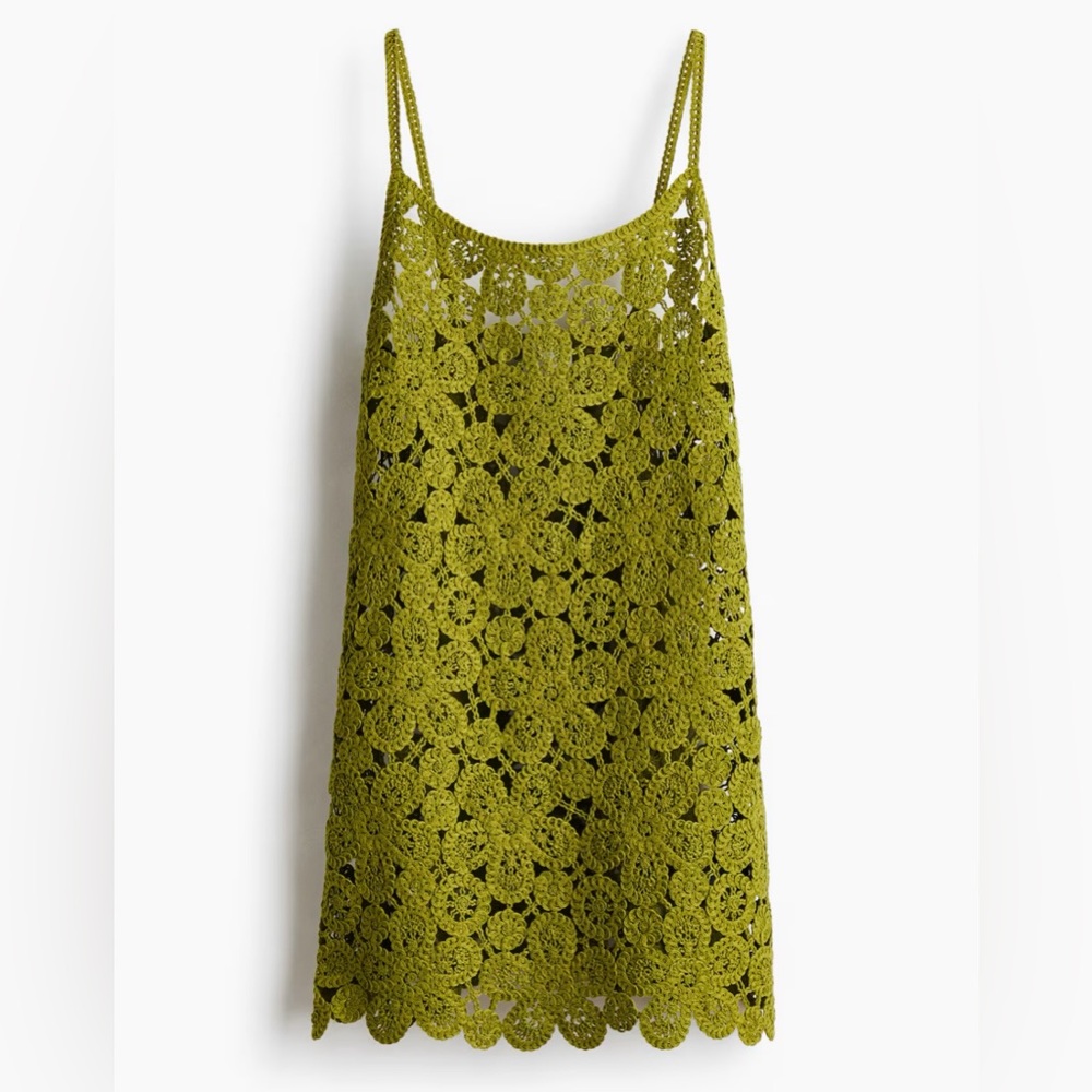 H&M OLIVE GREEN CROCHET-LOOK MINI DRESS - Picture 2 of 9